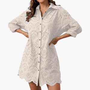 White Eyelet Button-Front Shirt Dress